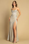 Prom Dresses Glitter Slit Long Formal Corset Prom Dress Champagne