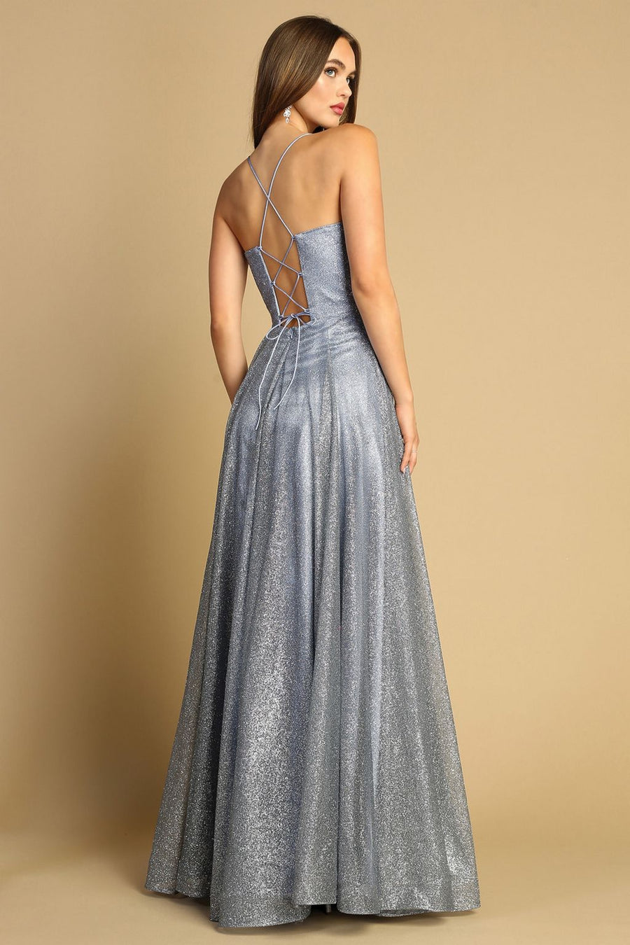 Prom Dresses A Line Long Corset Formal Glitter Prom Dress Smoky Blue