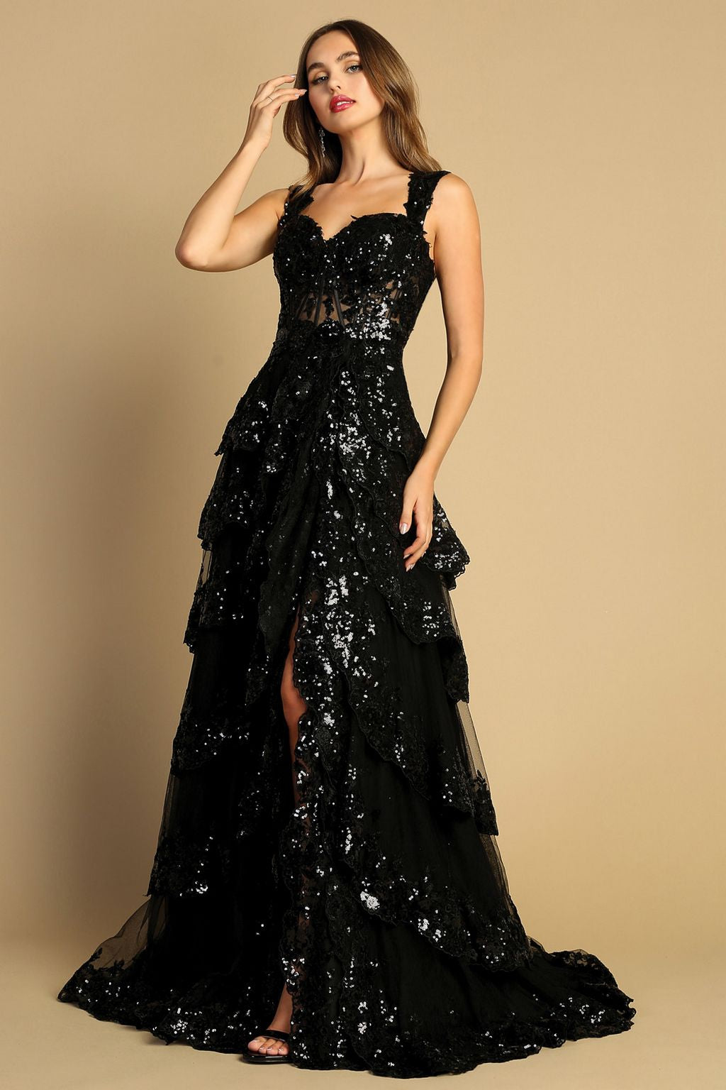 Prom Dresses Long Formal Sequin Applique Tiered A Line Prom Dress Black