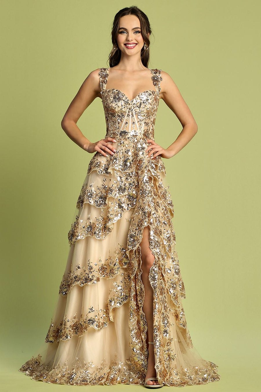 Prom Dresses Long Formal Sequin Applique Tiered A Line Prom Dress Champagne