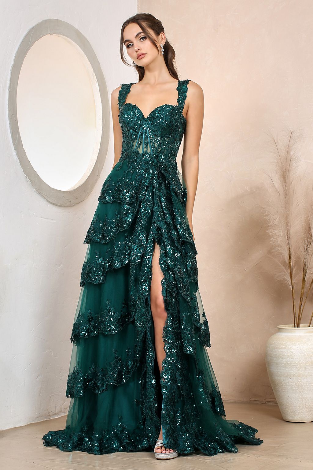 Prom Dresses Long Formal Sequin Applique Tiered A Line Prom Dress Emerald