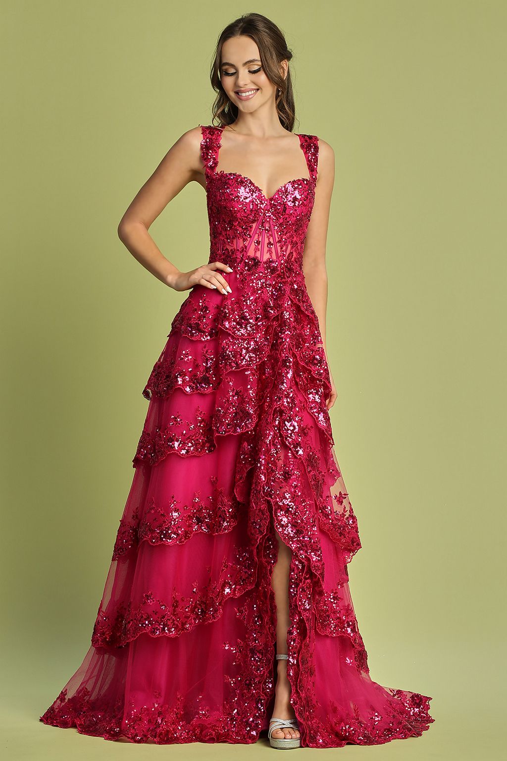 Prom Dresses Long Formal Sequin Applique Tiered A Line Prom Dress Fuchsia