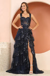 Prom Dresses Long Formal Sequin Applique Tiered A Line Prom DressNavy