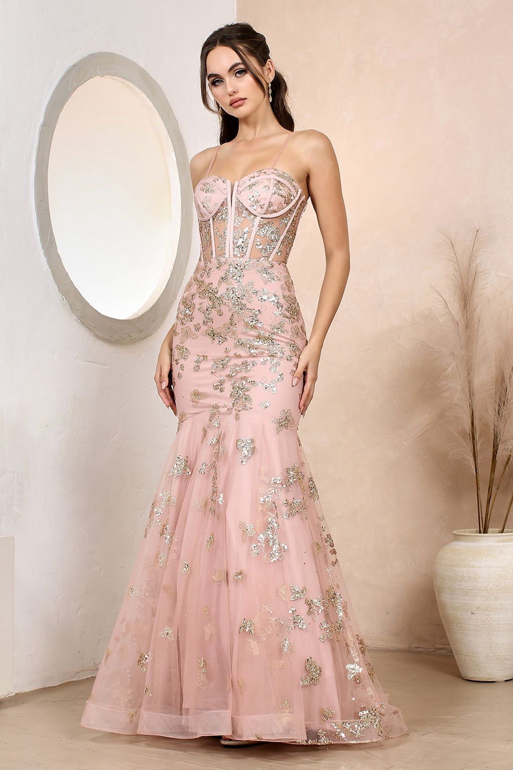 Formal Dresses Corset Long Mermaid Formal Glitter Prom Dress Rose