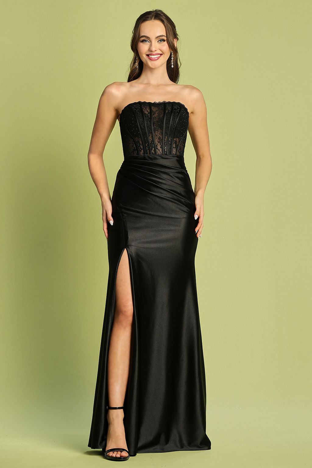 Prom Dresses Pleated Long Formal Lace Corset Prom Dress Black