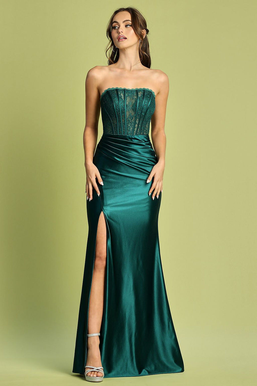 Prom Dresses Pleated Long Formal Lace Corset Prom Dress Emerald
