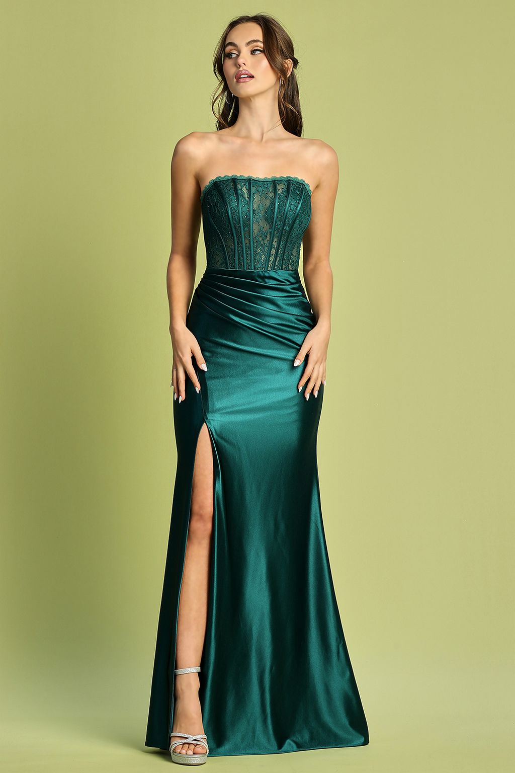 Prom Dresses Pleated Long Formal Lace Corset Prom Dress Emerald