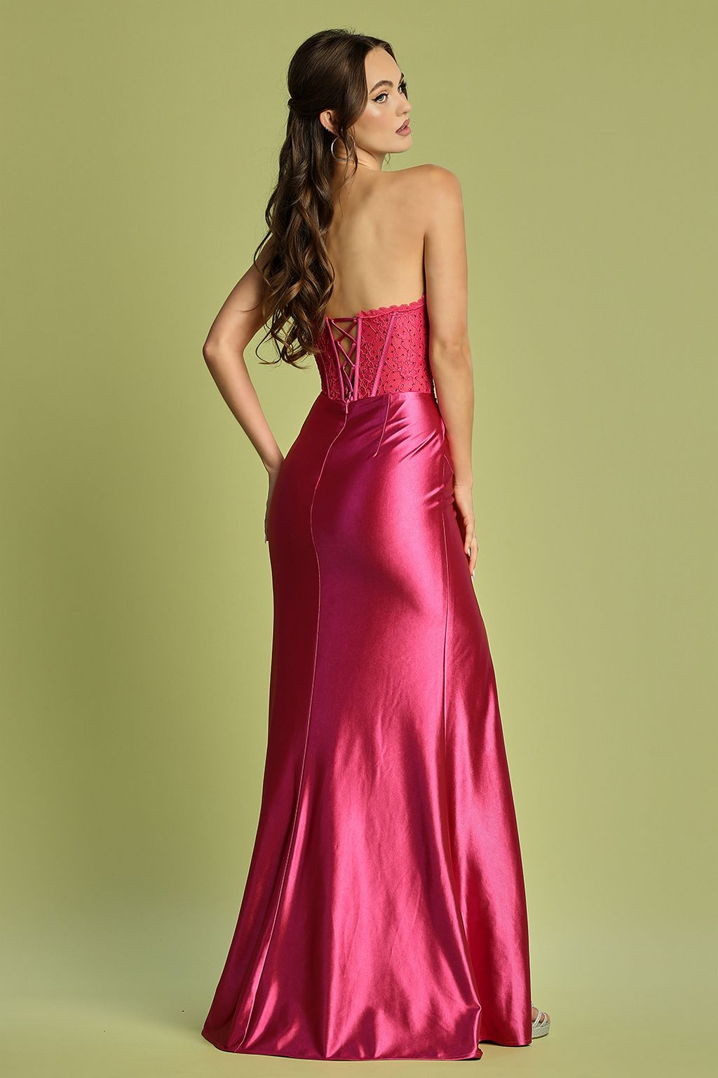 Prom Dresses Pleated Long Formal Lace Corset Prom Dress Fuchsia