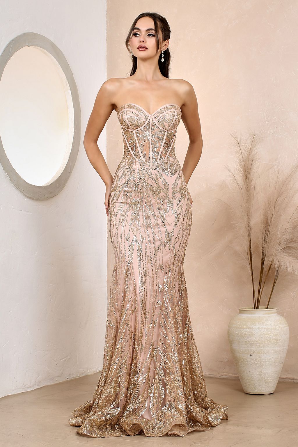 Prom Dresses Long Printed Glitter Prom Mermaid Formal Dress Rose Gold