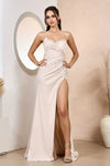 Prom Dresses Long Fitted Formal Beaded Applique Slit Prom Dress Champagne