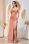 Prom Dresses Long Fitted Prom Slit Beaded Formal Dress Apricot Crush