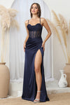 Prom Dresses Long Fitted Prom Slit Beaded Formal Dress Navy