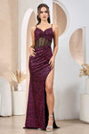 Prom Dresses Fitted Long Prom Slit Sequin Formal Evening Dress  Fuchsia/Black