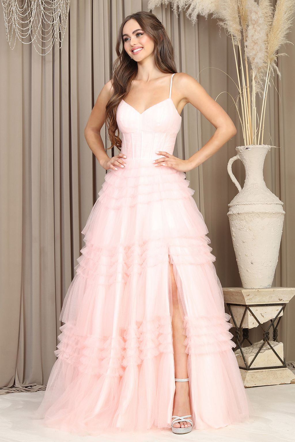 Prom Dresses Long Formal Layered Ruffle Prom Dress Blush Pink