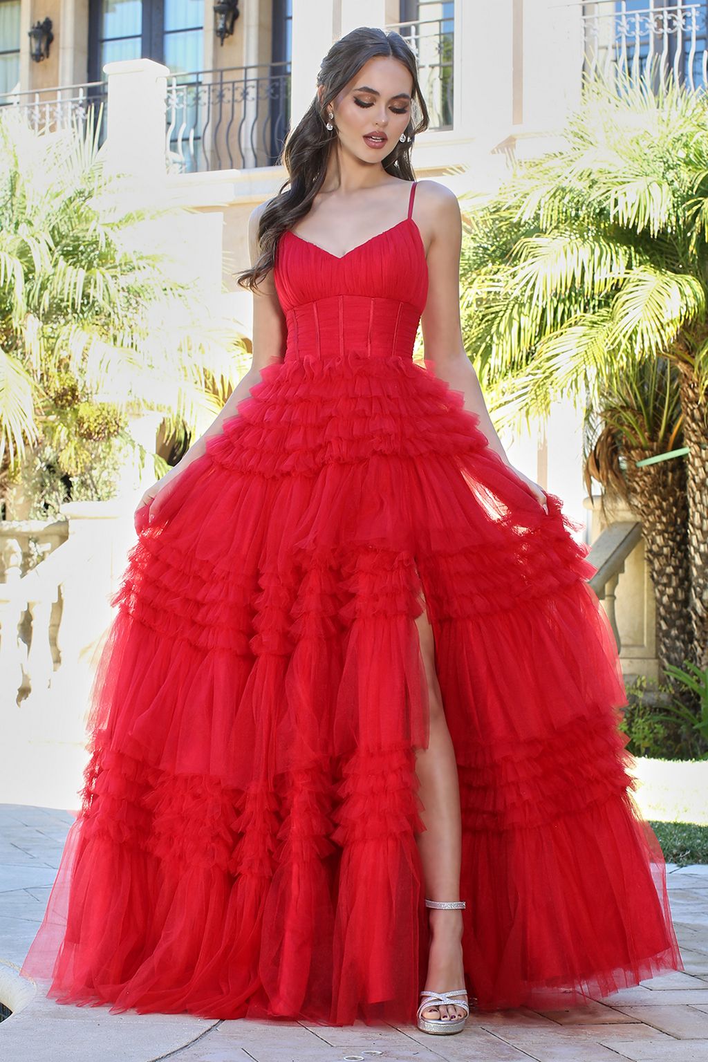 Prom Dresses Long Formal Layered Ruffle Prom Dress Red