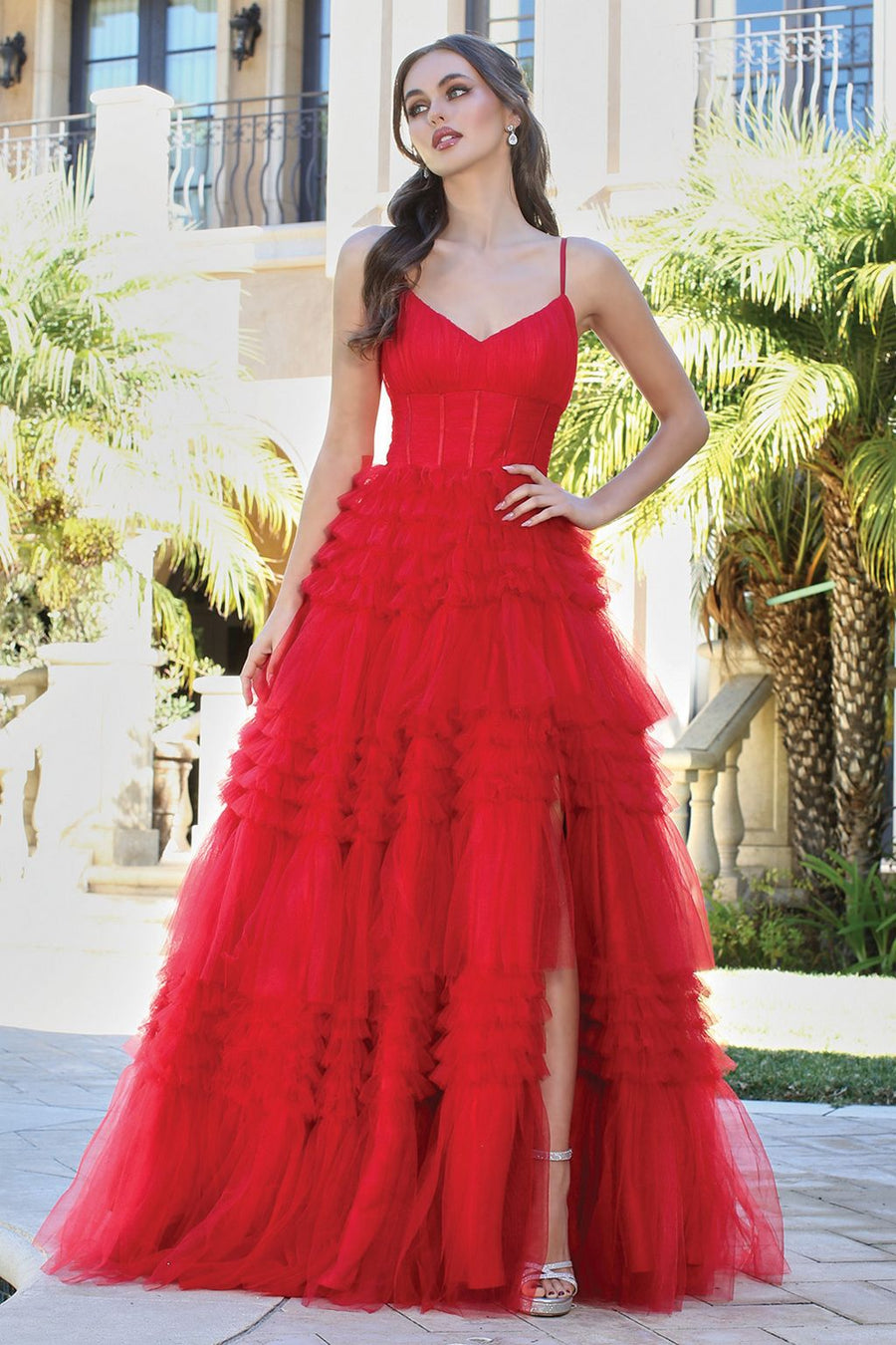 Prom Dresses Long Formal Layered Ruffle Prom Dress Red