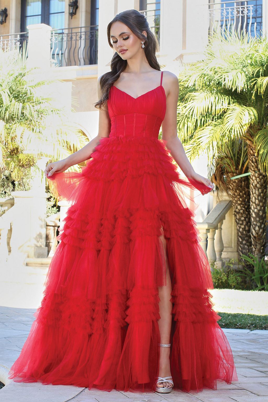 Prom Dresses Long Formal Layered Ruffle Prom Dress Red