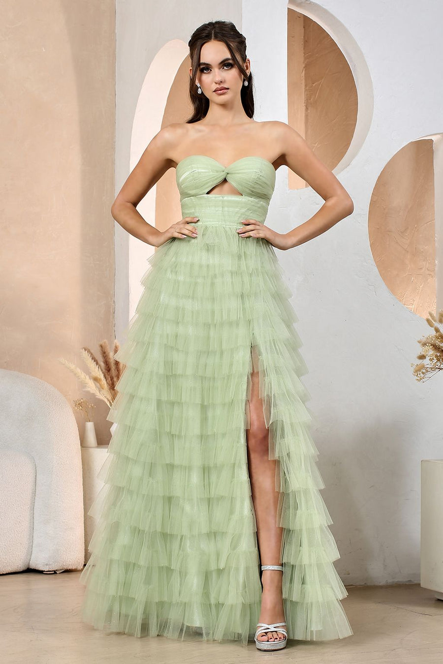 Prom Dresses Prom Long Tiered A Line Formal Dress Sage