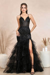 Prom Dresses Glitter Print Long Mermaid Formal Tiered Prom Dress Black