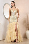 Prom Dresses Glitter Print Long Mermaid Formal Tiered Prom Dress Champagne