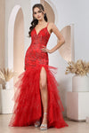 Prom Dresses Glitter Print Long Mermaid Formal Tiered Prom Dress Red