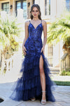 Prom Dresses Glitter Print Long Mermaid Formal Tiered Prom Dress Royal Blue