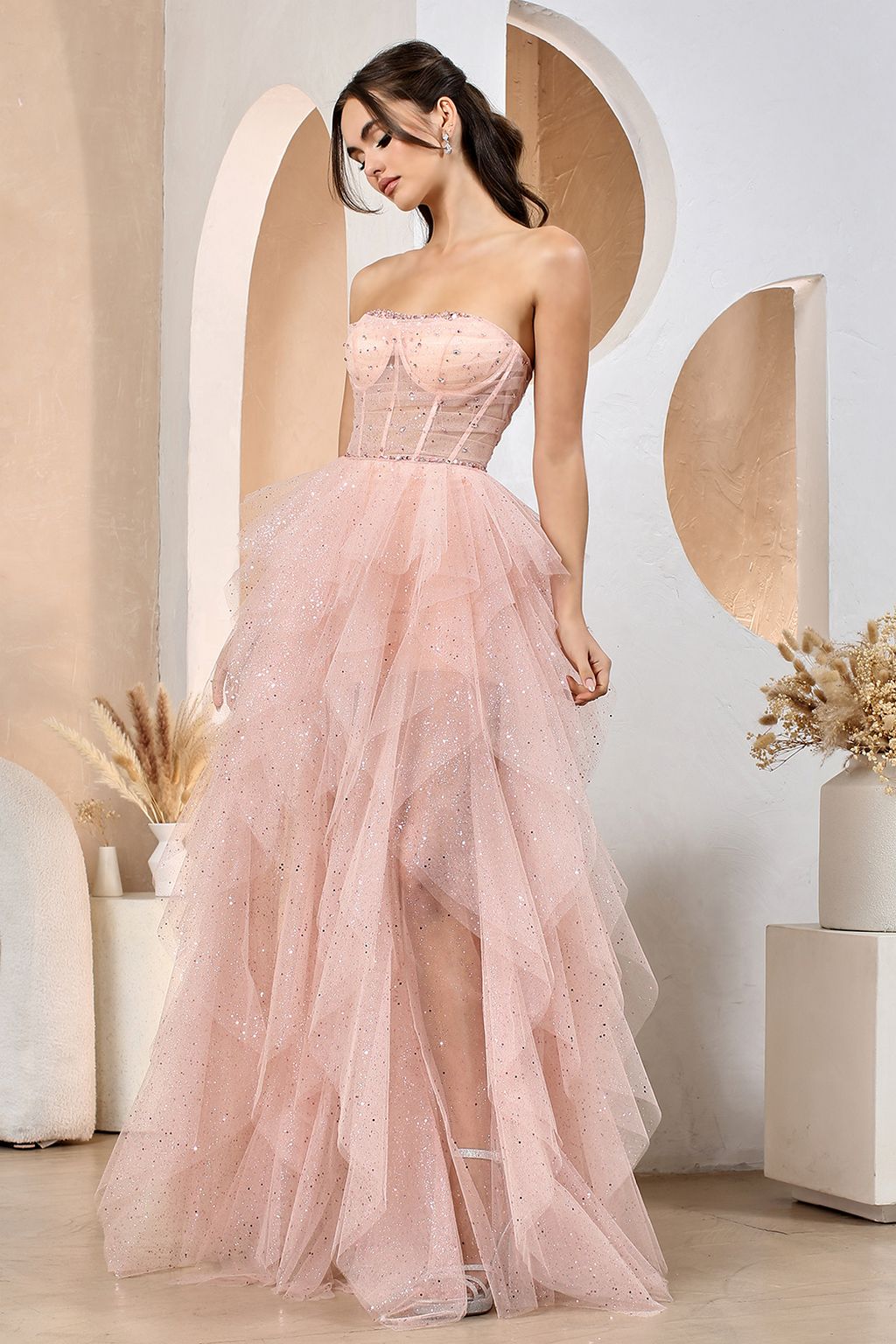 Prom Dresses Prom Glitter Long Formal Corset Dress Blush