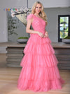 Prom Dresses Prom Long One Shoulder Beaded Mesh Ball Gown Coral Pink