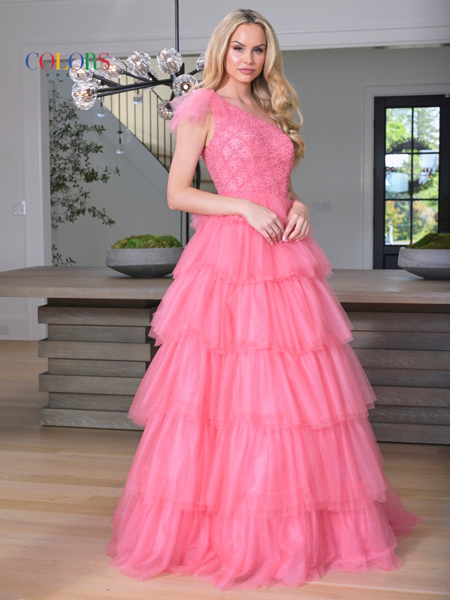 Prom Dresses Prom Long One Shoulder Beaded Mesh Ball Gown Coral Pink