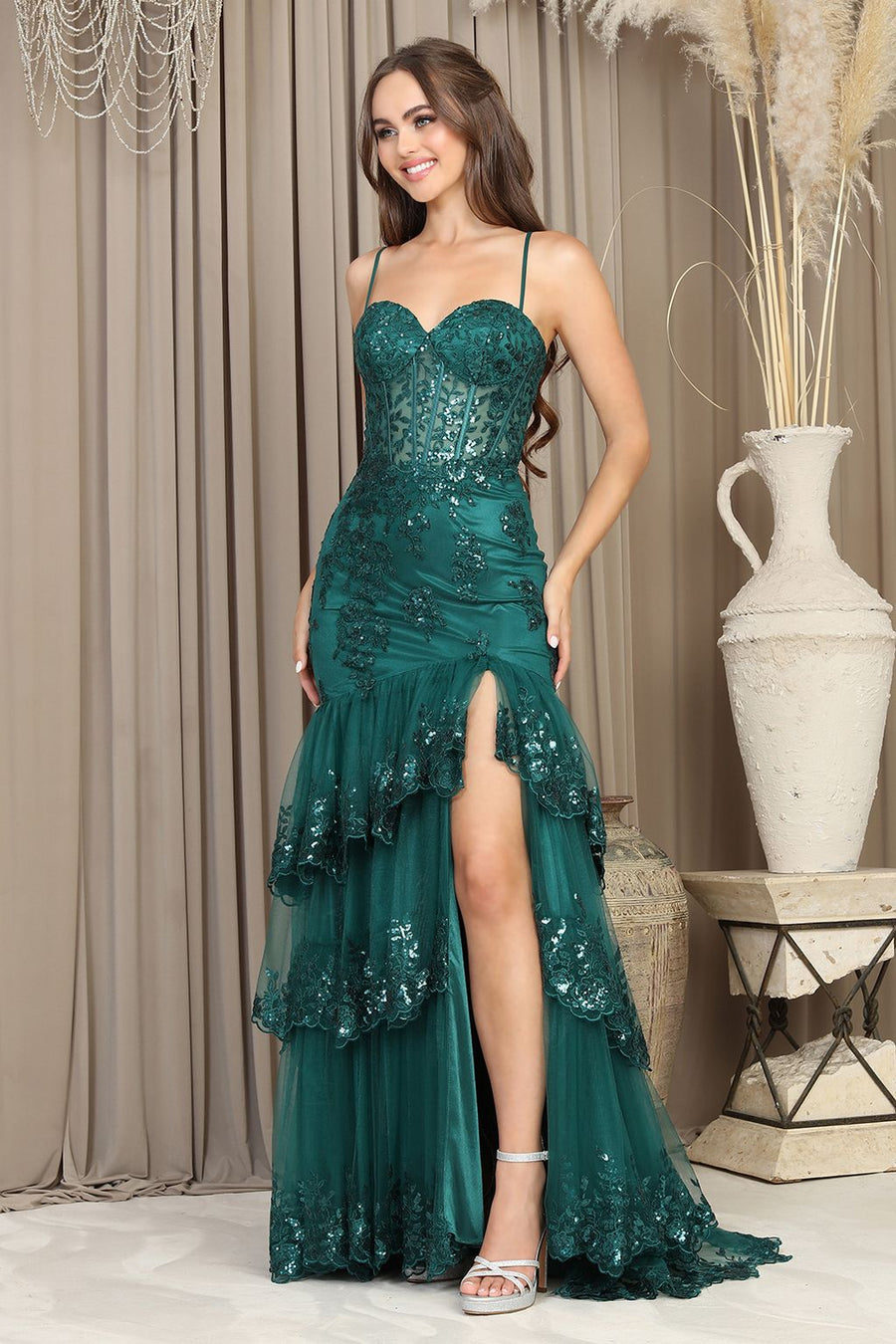 Prom Dresses Formal Long Applique Tiered Slit Prom Dress Emerald