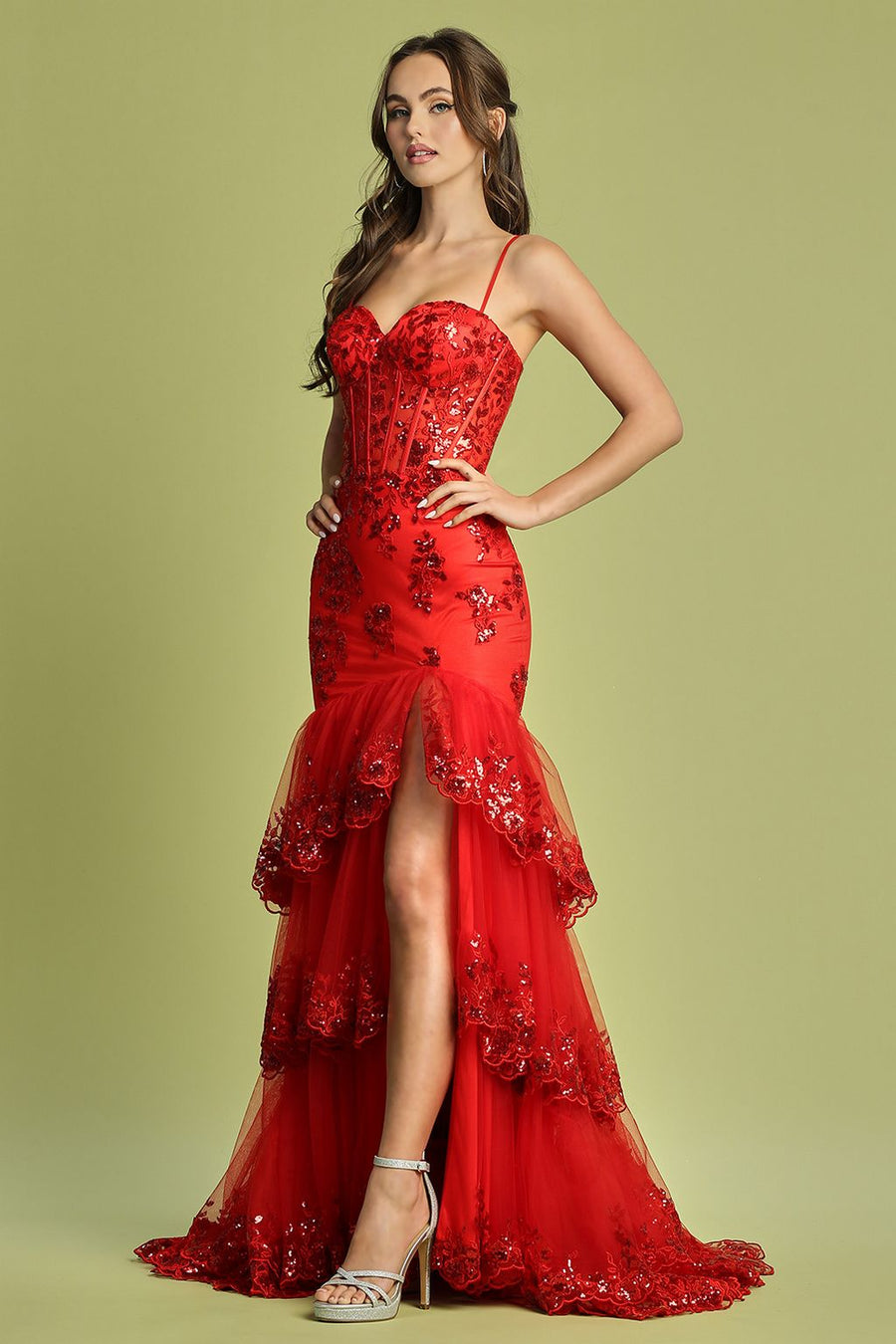 Prom Dresses Formal Long Applique Tiered Slit Prom Dress Red