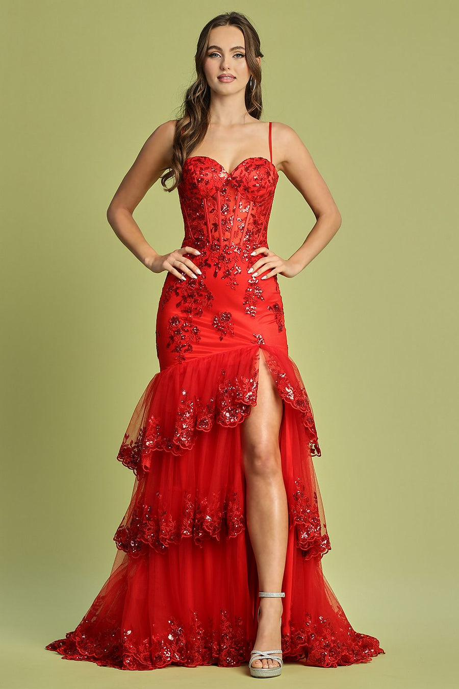 Prom Dresses Formal Long Applique Tiered Slit Prom Dress Red