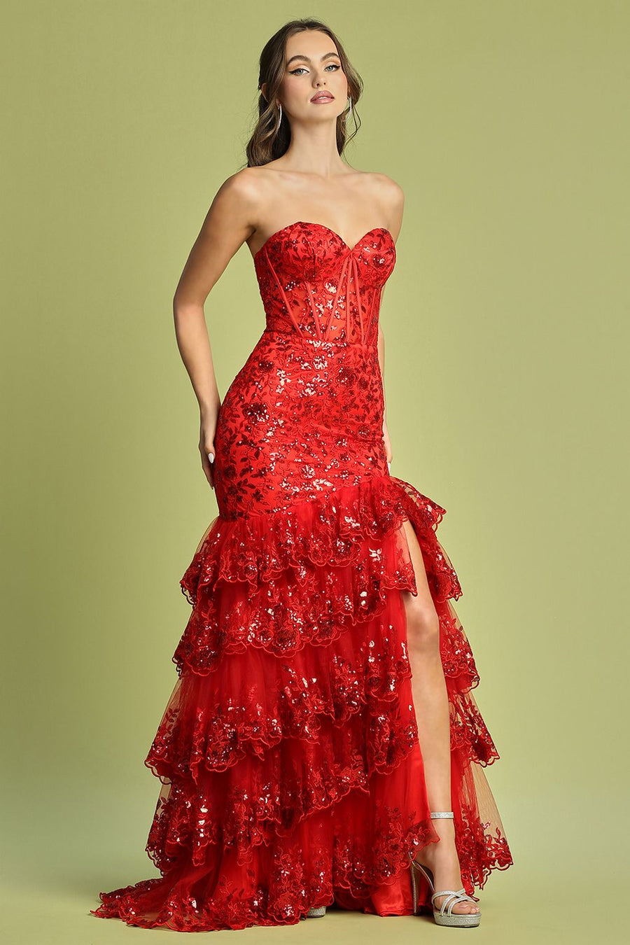 Prom Dresses Long Fitted Applique Formal Tiered Prom Dress Red