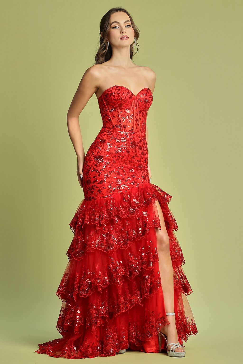 Prom Dresses Long Fitted Applique Formal Tiered Prom Dress Red