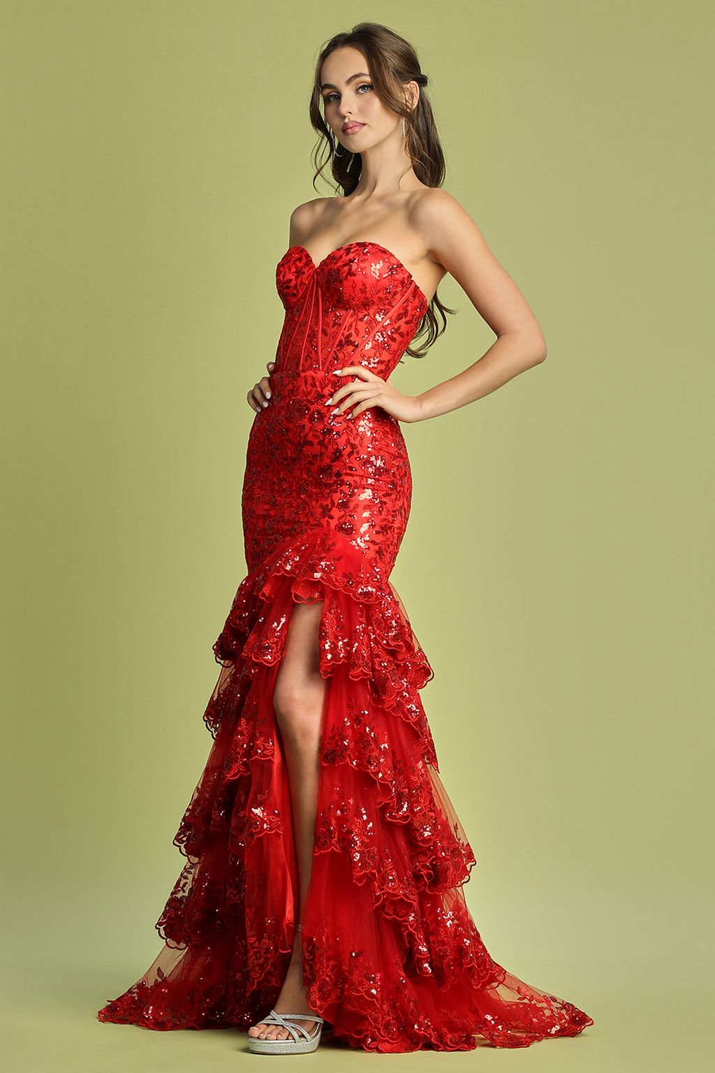 Prom Dresses Long Fitted Applique Formal Tiered Prom Dress Red