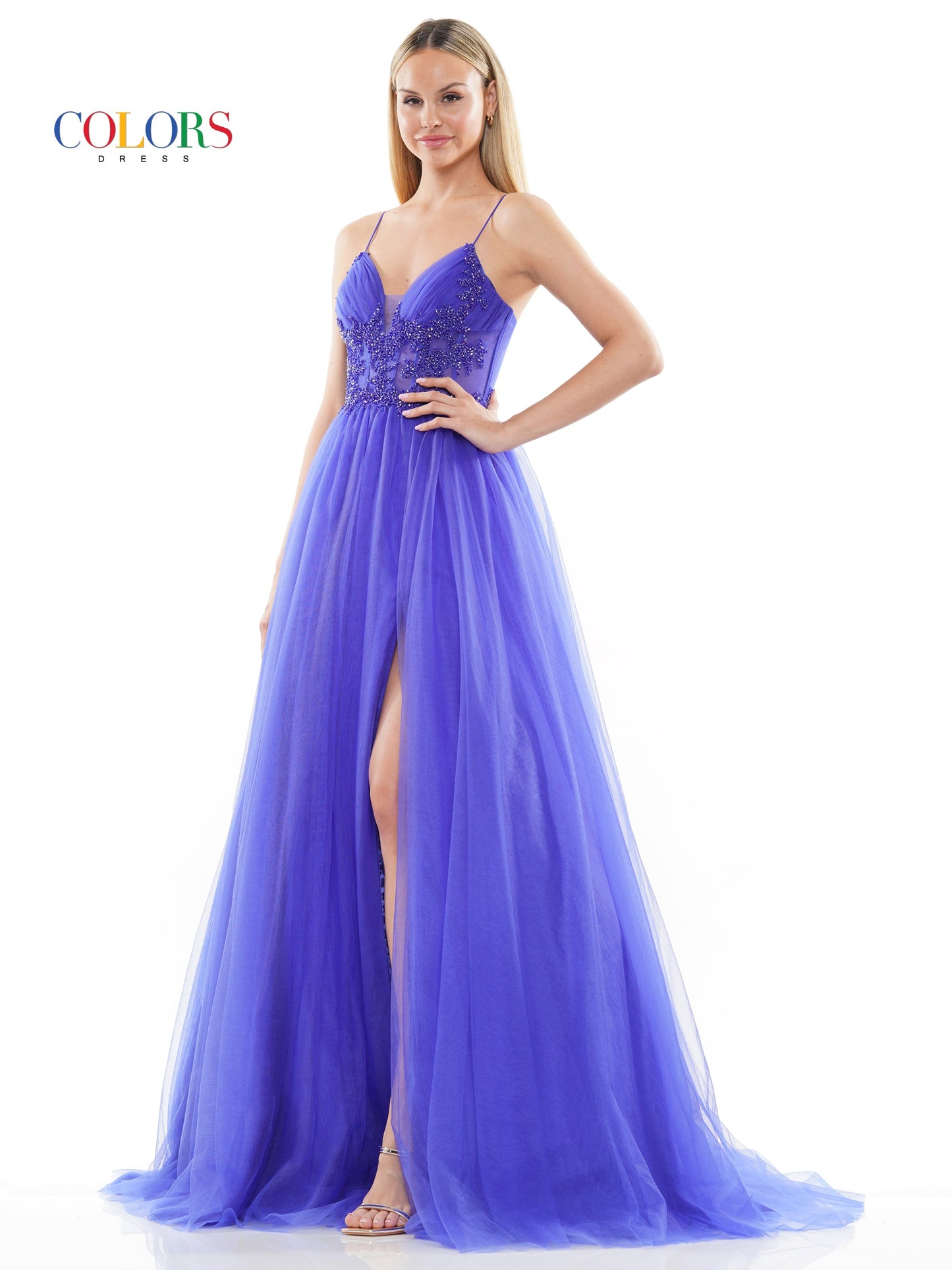 Prom Dresses Long Spaghetti Strap Beaded Mesh Prom Ball Gown Royal