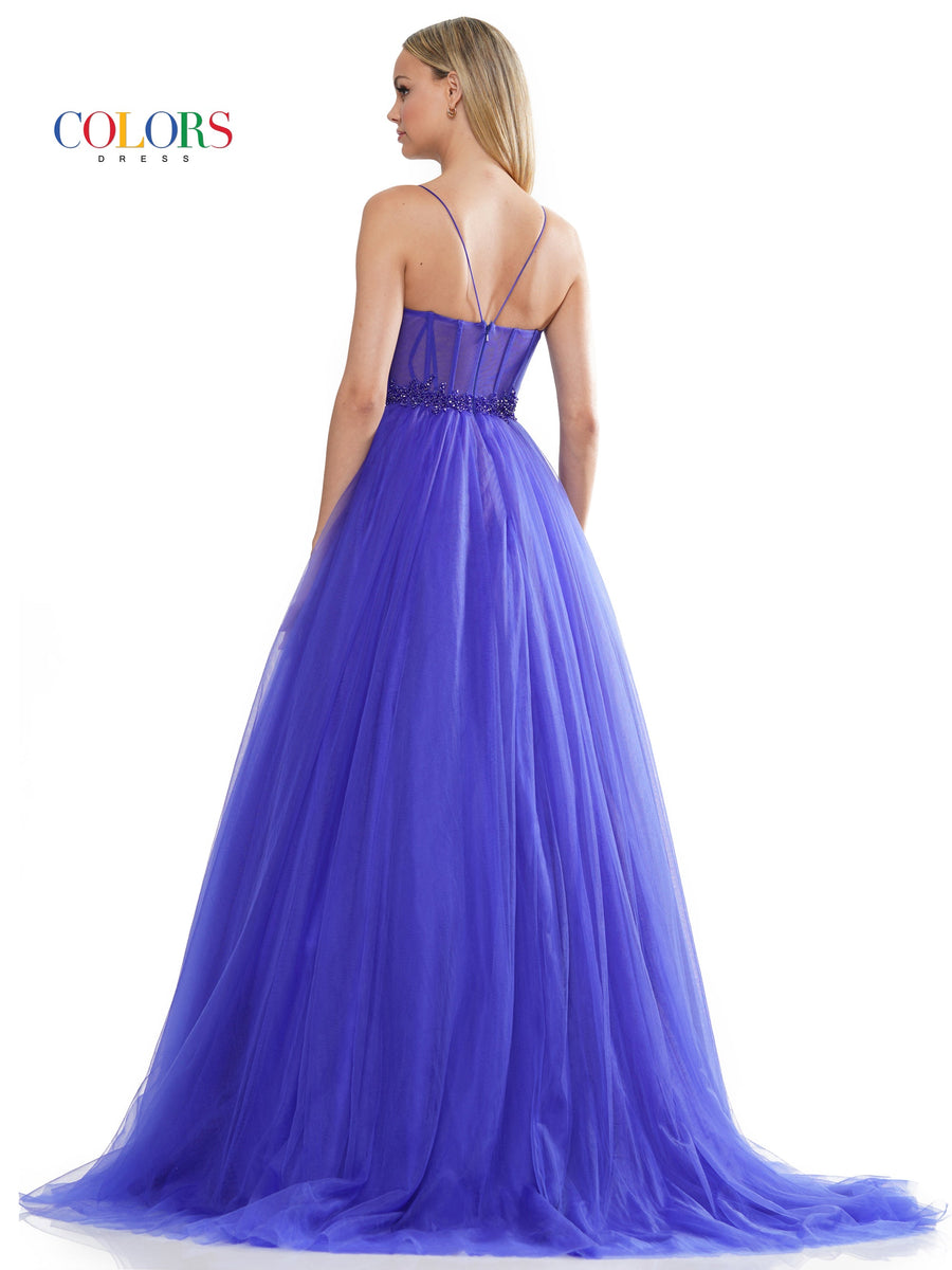 Prom Dresses Long Spaghetti Strap Beaded Mesh Prom Ball Gown Royal
