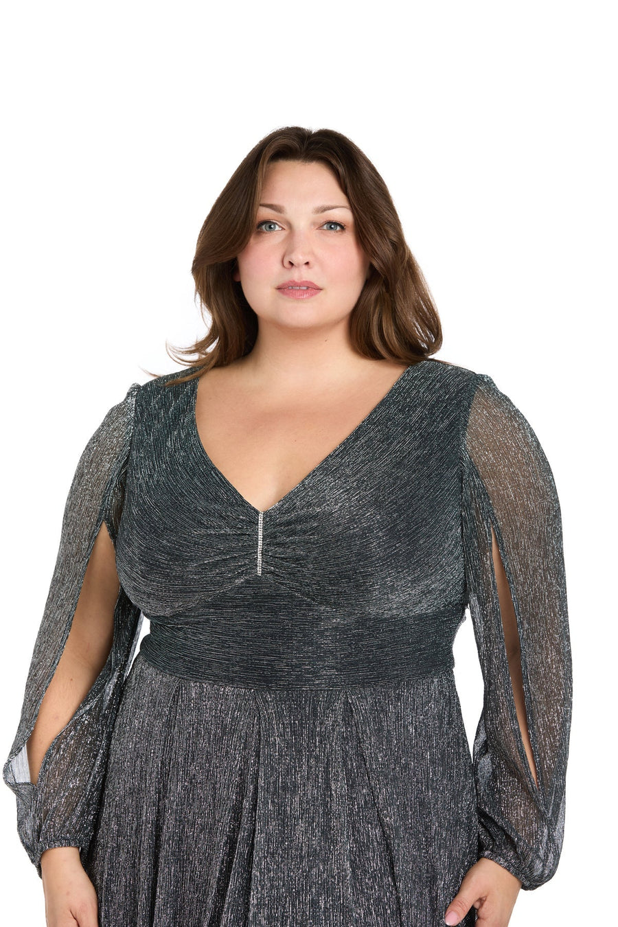 Plus Size Dresses Plus Size Long Sleeve Metallic Formal Dress  Gunmetal