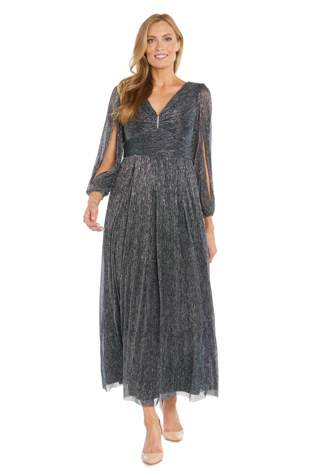Mother of the Bride Dresses Long Sleeve Formal A Line Metallic Dress Gunmetal