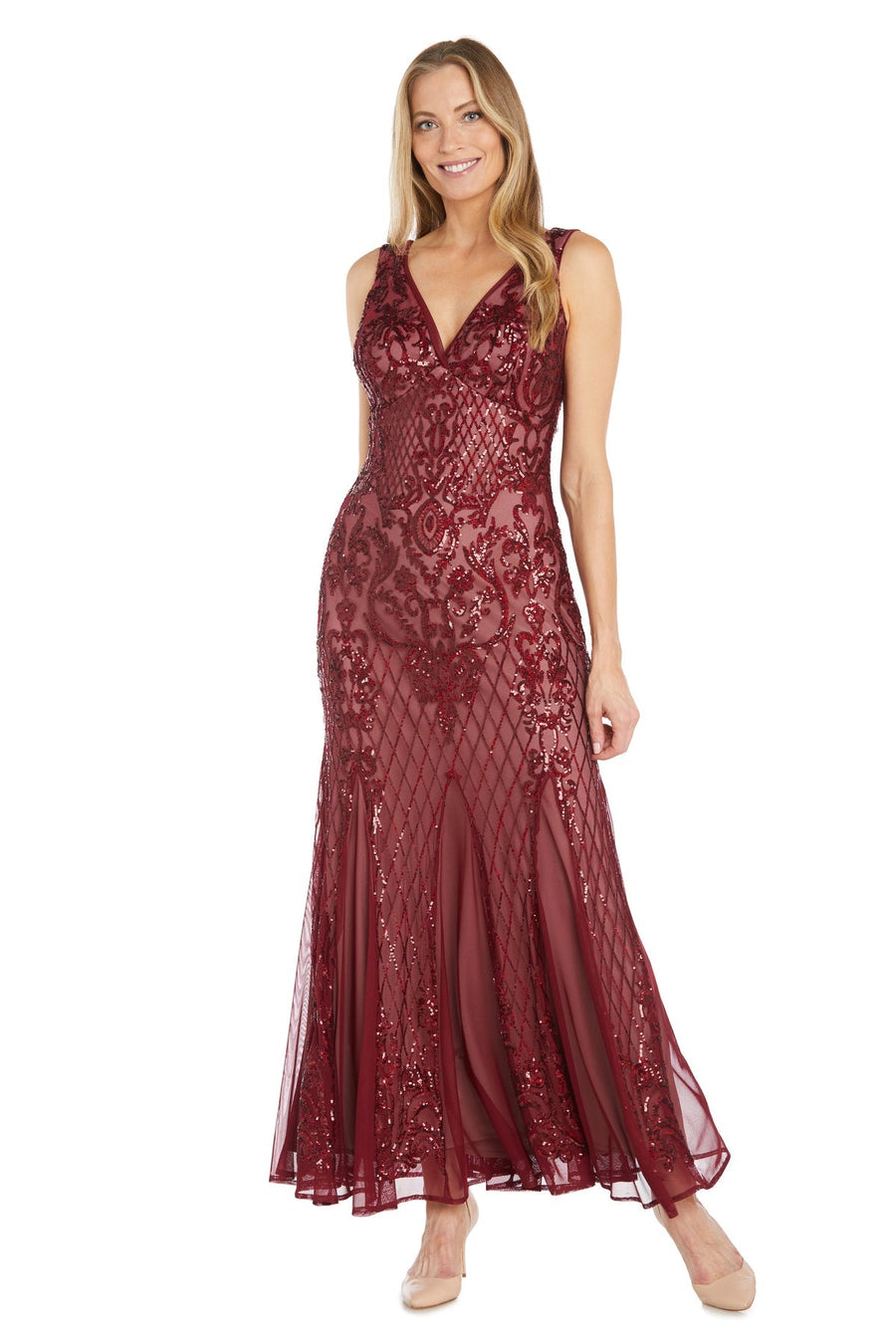 Formal Dresses Beaded Long Formal Dress  Ruby/Nude