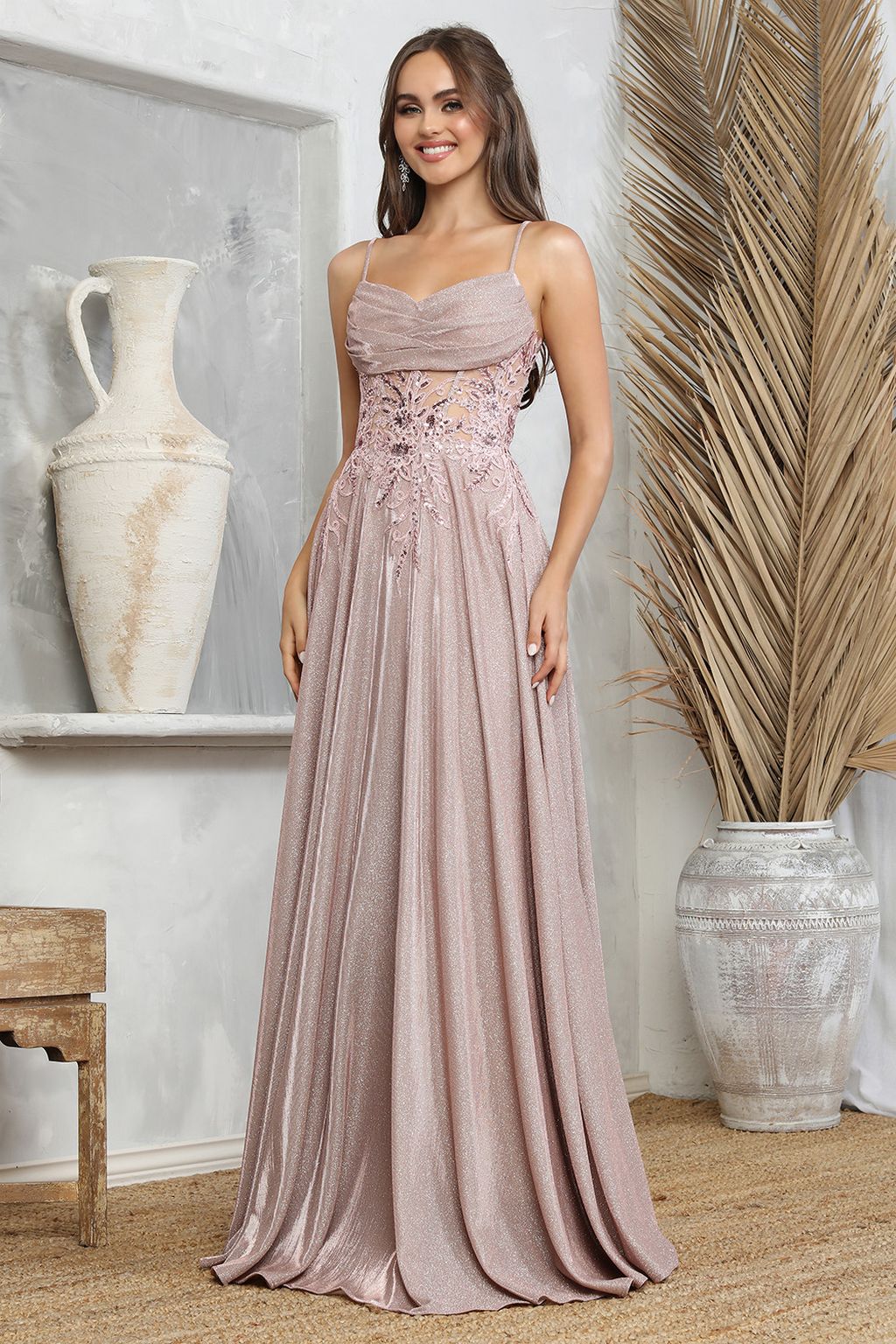 Prom Dresses A Line Gltter Long Sequin Prom Formal Dress Rose Gold