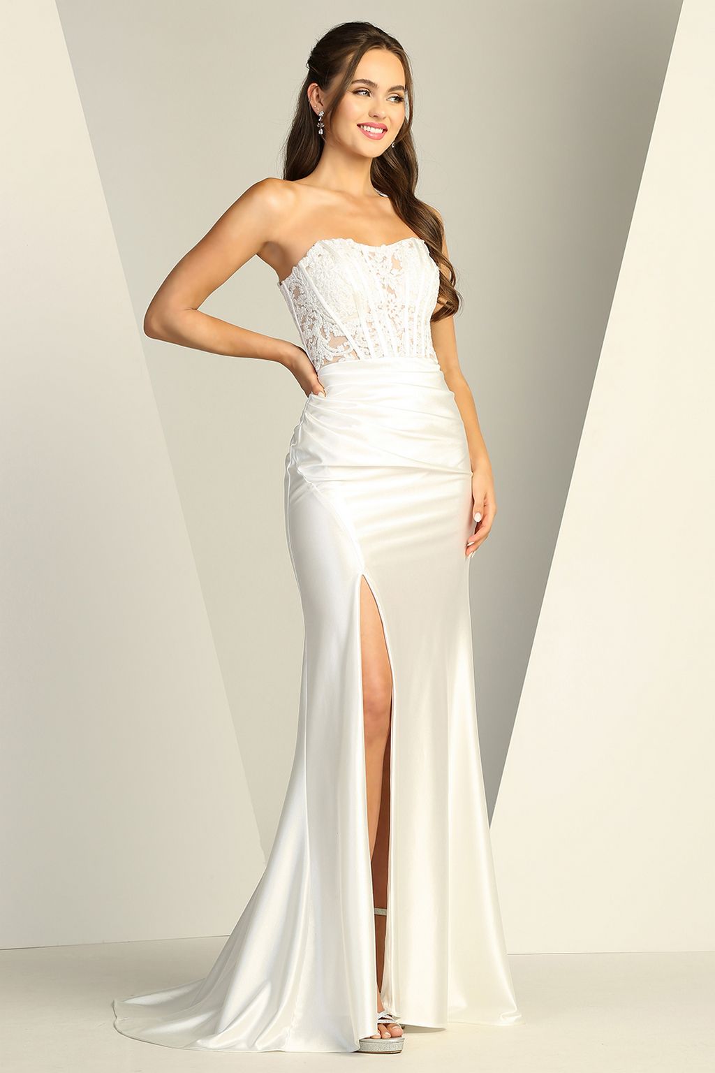 Wedding Dresses Long Slit Lace Wedding Dress Off White