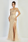 Prom Dresses Formal Long Fitted Slit Beaded Prom Dress Champagne