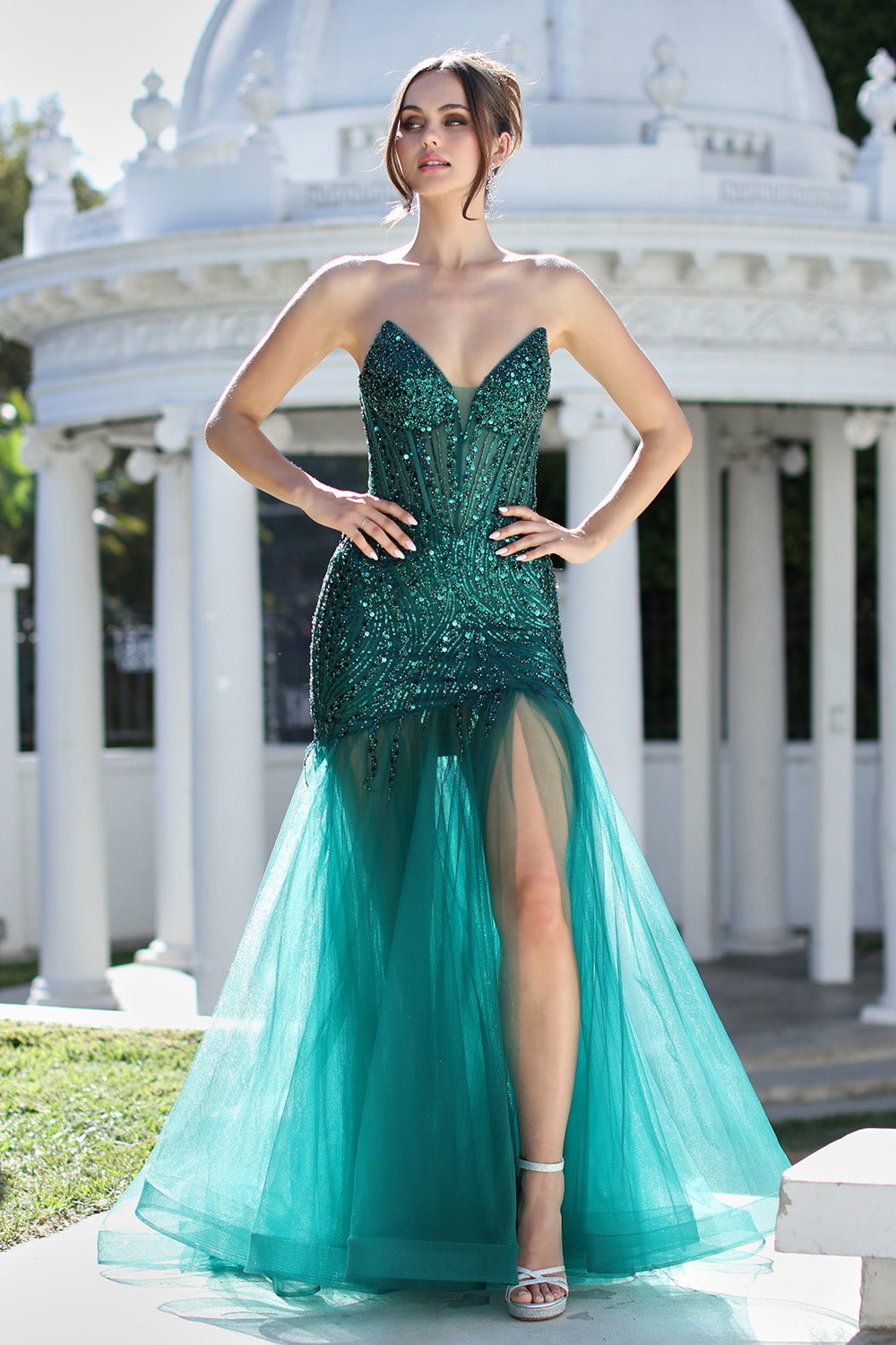 Prom Dresses Long Mermaid Formal Beaded Corset Prom Dress Emerald