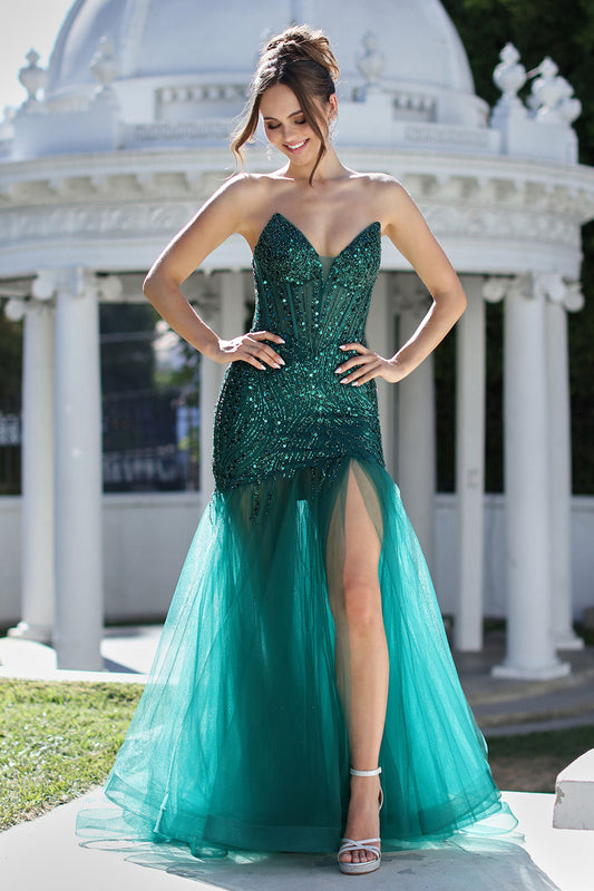 Prom Dresses Long Mermaid Formal Beaded Corset Prom Dress Emerald