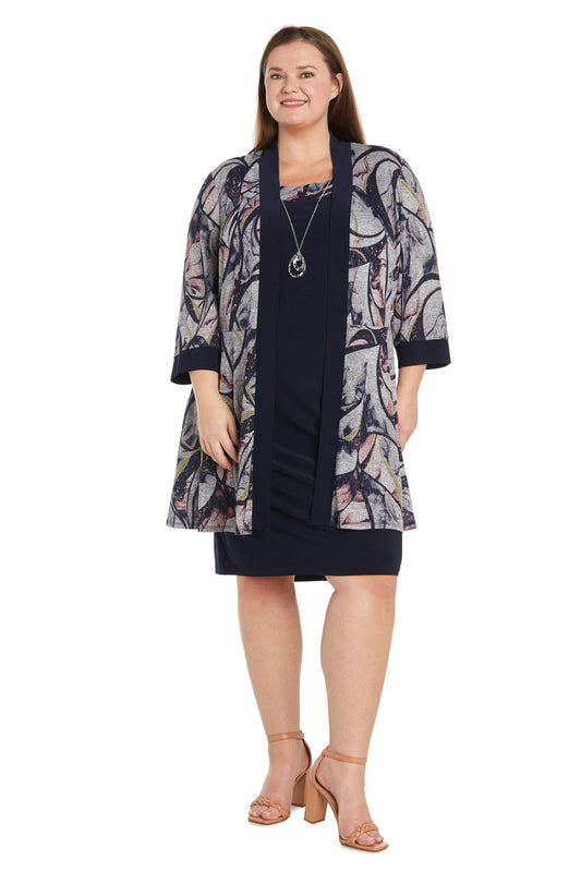 Plus Size Dresses Short Printed Jacket Mother of the Bride Dress Navy/Silver