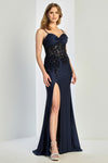 Prom Dresses Fitted Slit Long Formal Glitter Corset Prom Dress Navy