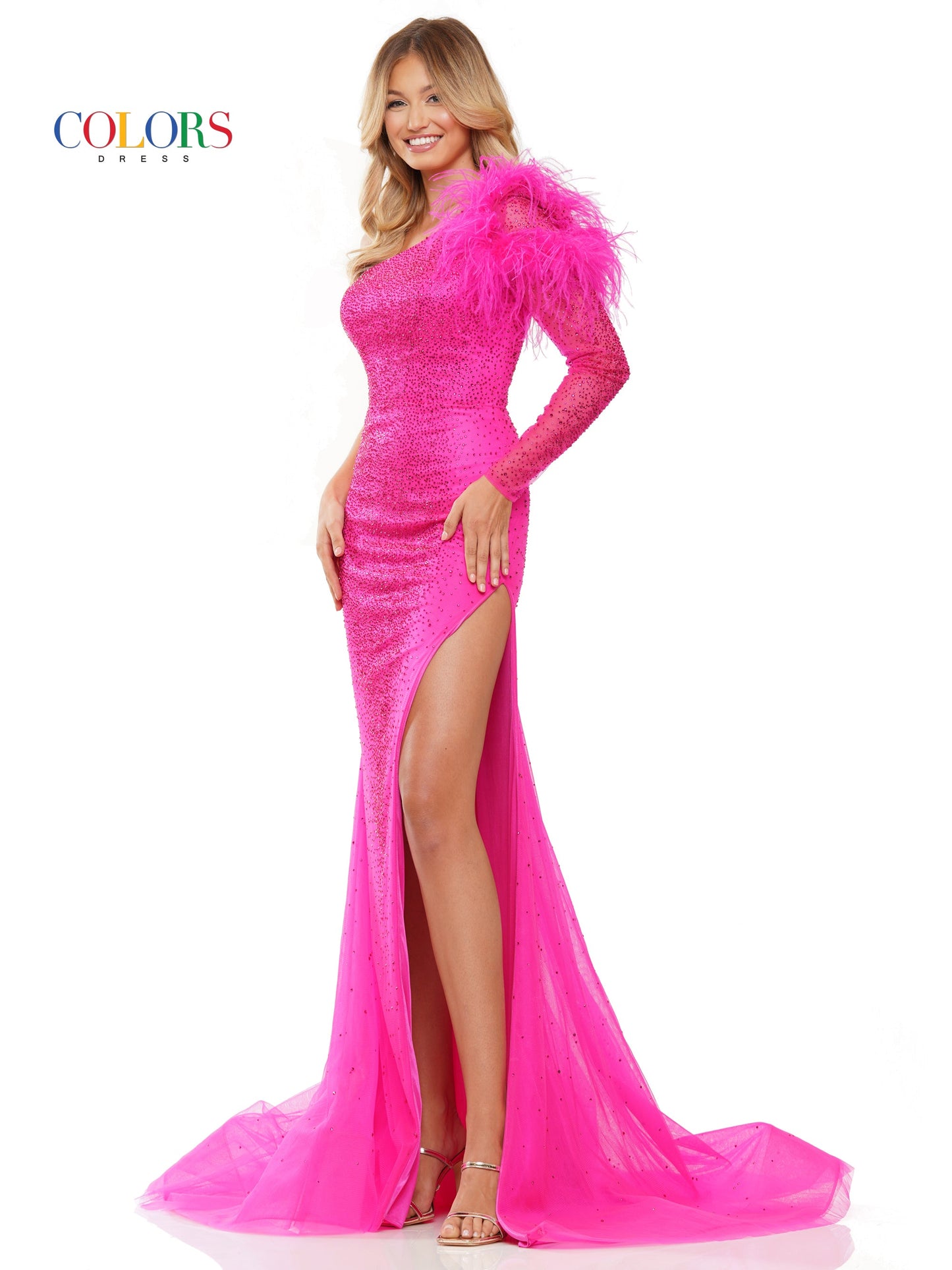 Prom Dresses Long One Shoulder Feather Prom Dress Hot Pink