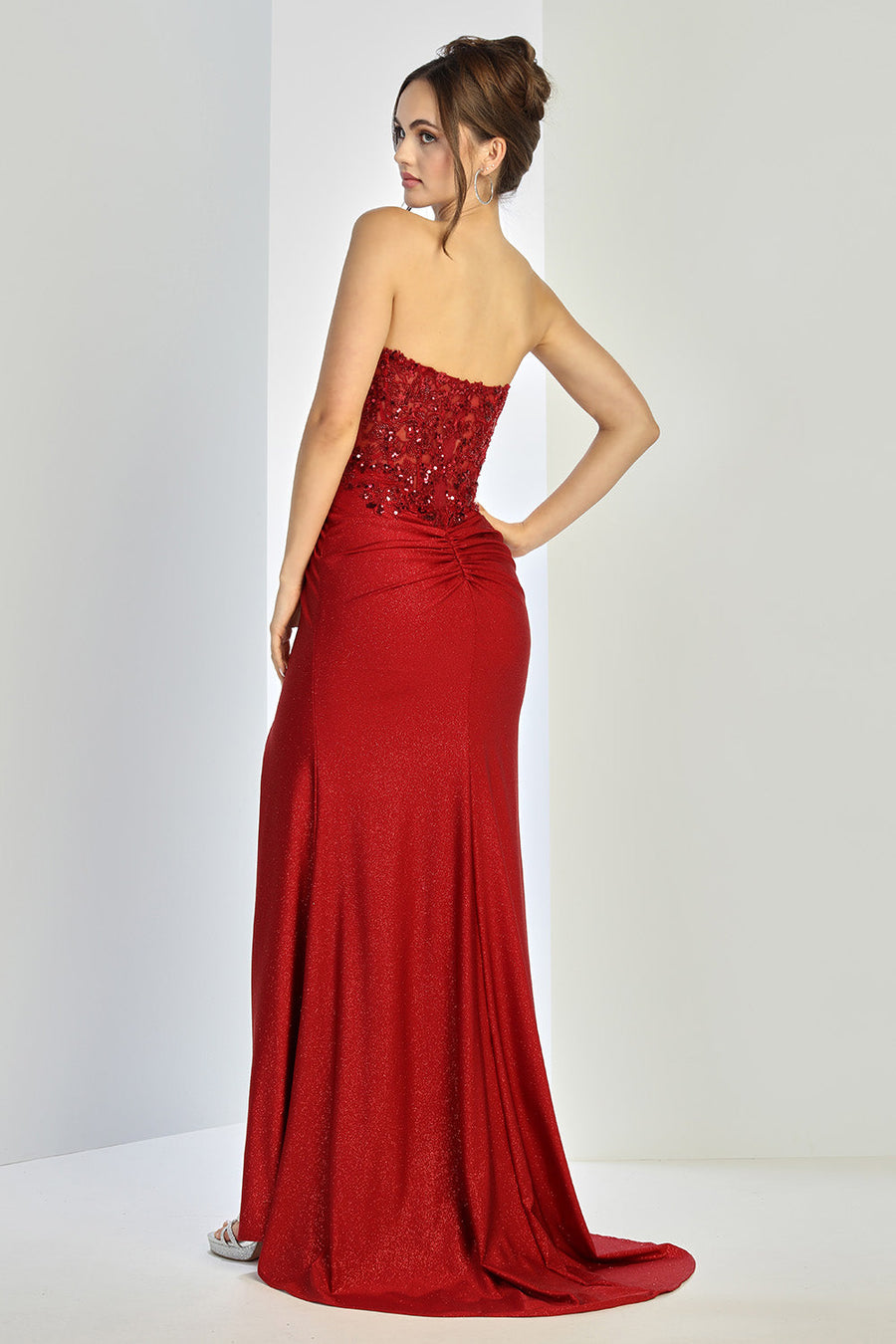 Prom Dresses Glitter Long Formal Pleated Slit Prom Dress Burgundy