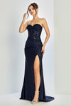 Prom Dresses Glitter Long Formal Pleated Slit Prom Dress Navy